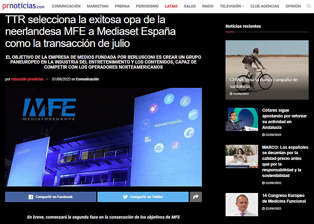 TTR selecciona la exitosa opa de la neerlandesa MFE a Mediaset Espaa como la transaccin de julio